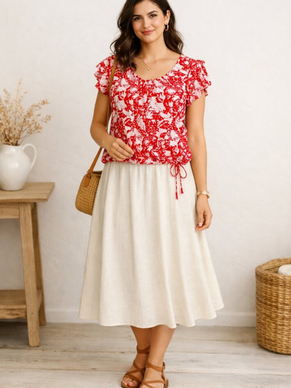 I N C. Red & White Patterned Ruffle Sleeved Blouse Top Size L Petite